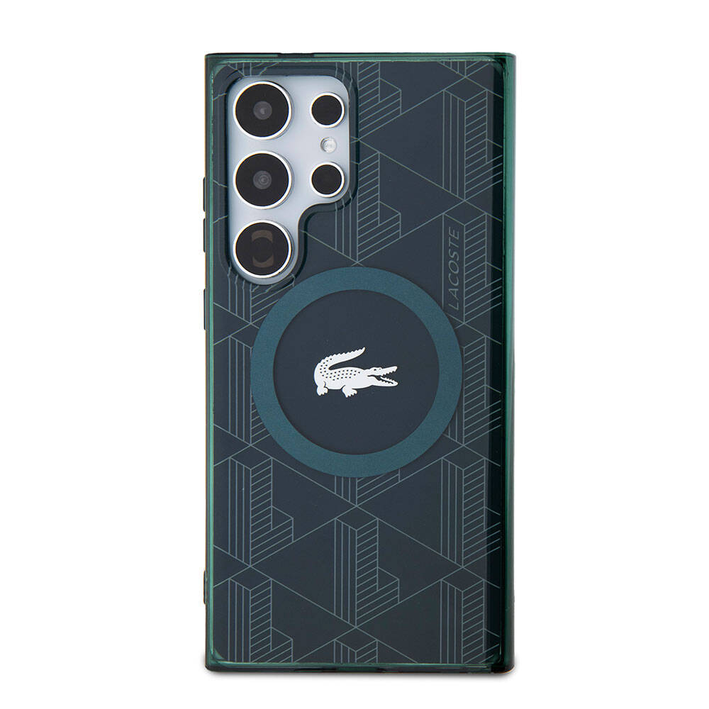 Galaxy S24 Ultra Kılıf Lacoste Orjinal Lisanslı M-safe Şarj Özellikli Çift Katmanlı Timsah Logolu Blend Monogram Kapak - Petrol Yeşil