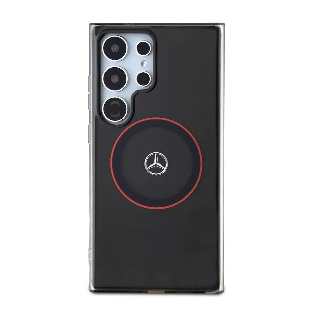 Galaxy S24 Ultra Kılıf Mercedes Benz Orjinal Lisanslı M-safe Şarj Özellikli IML Yıldız Logolu Red Ring Kapak - Siyah