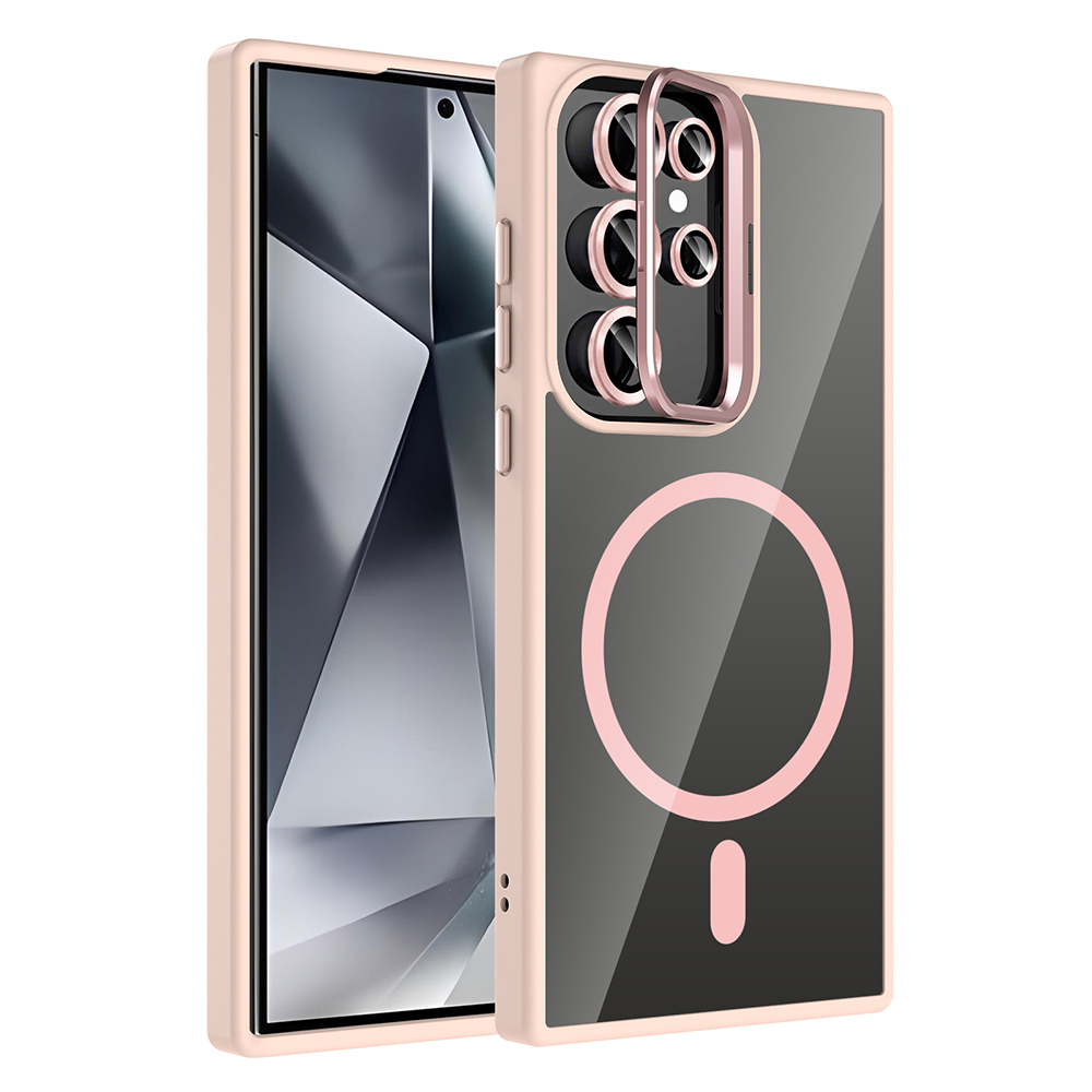 Galaxy S24 Ultra Kılıf Standlı ve Kamera Lens Hediyeli M-Safe Şarj Özellikli NXXA Etro Kapak - Pembe