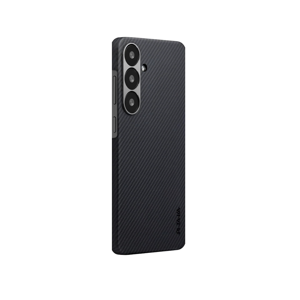 Galaxy S25 Kılıf M-safe Şarj Özellikli 600D Aramid Fiber Pitaka Ultra-Slim Classic Serisi Black-Grey Twill Kapak - Siyah-Gri