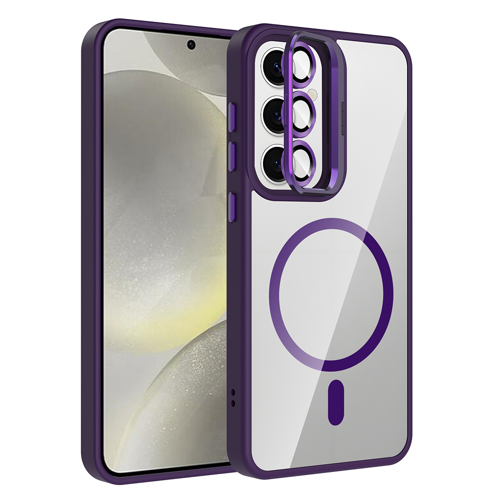 Galaxy S25 Kılıf Standlı ve Kamera Lens Hediyeli M-Safe Şarj Özellikli NXXA Etro Kapak - Derin Mor