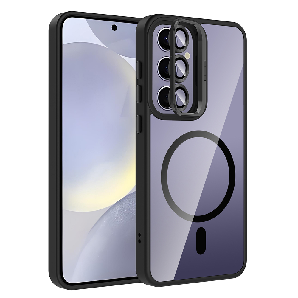 Galaxy S25 Plus Kılıf Standlı ve Kamera Lens Hediyeli M-Safe Şarj Özellikli NXXA Etro Kapak - Siyah