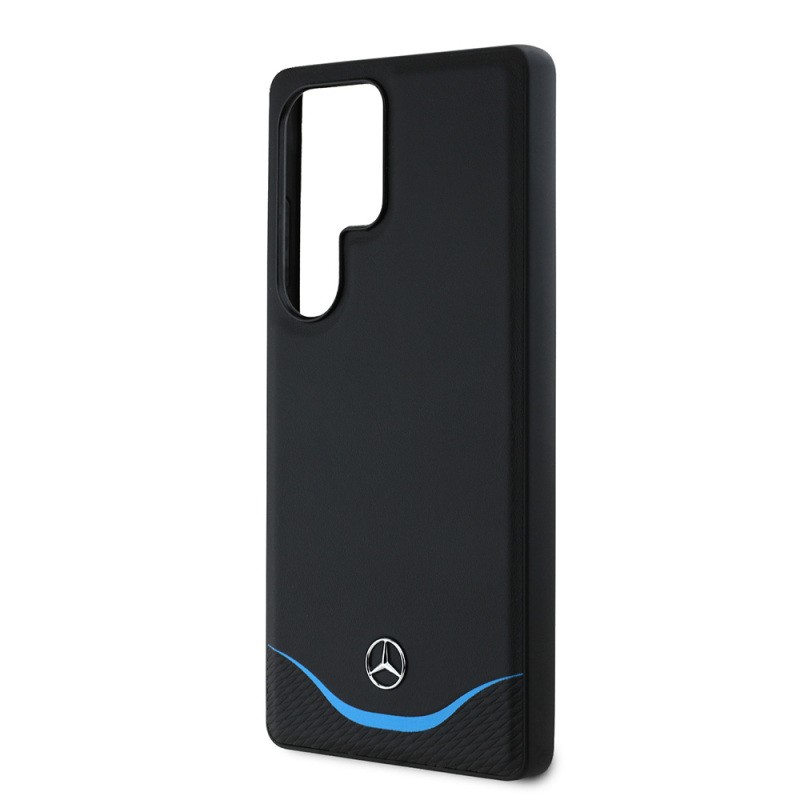 Galaxy S25 Ultra Case Mercedes Benz Original Licensed Magsafe Charging 3D Metal Logo Blue Horizontal Curved Striped Leather Cover - 5