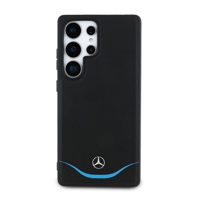 Galaxy S25 Ultra Case Mercedes Benz Original Licensed Magsafe Charging 3D Metal Logo Blue Horizontal Curved Striped Leather Cover - 2