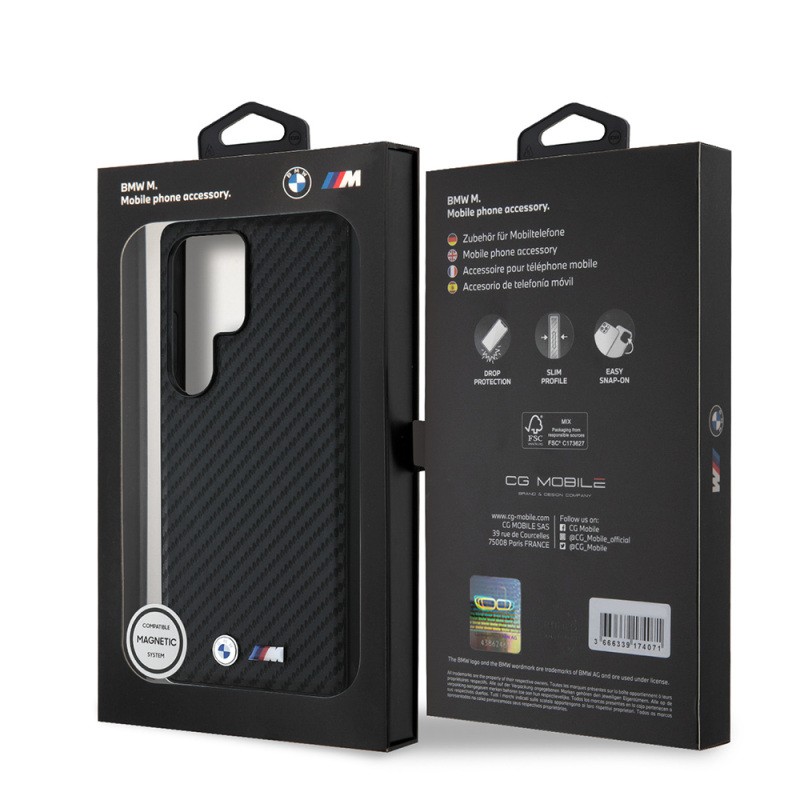Galaxy S25 Ultra Kılıf BMW Orjinal Lisanslı M-safe Şarj Özellikli Karbon Fiber Tasarımlı ve Metal Logolu PU Deri Kapak - 9