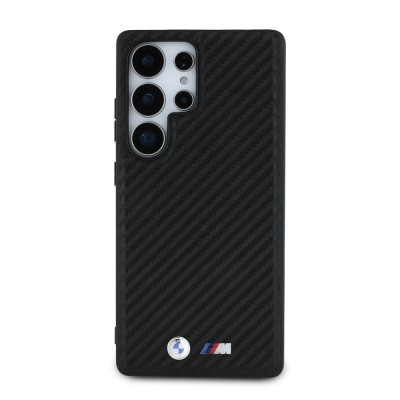 Galaxy S25 Ultra Kılıf BMW Orjinal Lisanslı M-safe Şarj Özellikli Karbon Fiber Tasarımlı ve Metal Logolu PU Deri Kapak Siyah