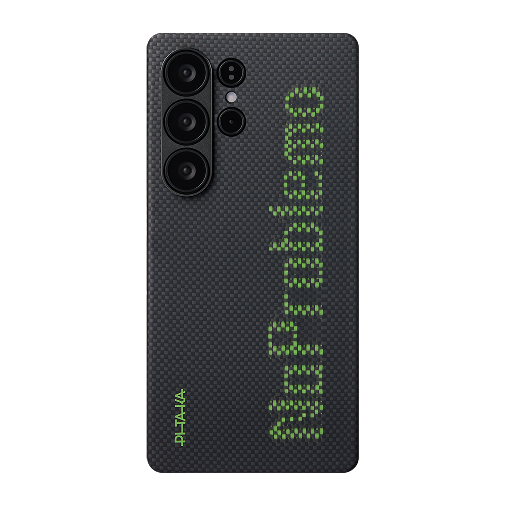 Galaxy S25 Ultra Kılıf  M-safe Şarj Özellikli Lumintex Teknolojili Fosforlu Aramid Fiber Pitaka Tactile Woven Aries Serisi Kapak - Siyah-Yeşil