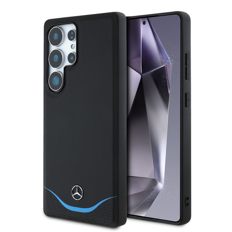 Galaxy S25 Ultra Kılıf Mercedes Benz Orjinal Lisanslı M-safe Şarj Özellikli 3D Metal Logolu Mavi Yatay Eğri Çizgili Deri Kapak - 8