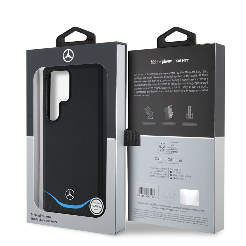 Galaxy S25 Ultra Kılıf Mercedes Benz Orjinal Lisanslı M-safe Şarj Özellikli 3D Metal Logolu Mavi Yatay Eğri Çizgili Deri Kapak - 9