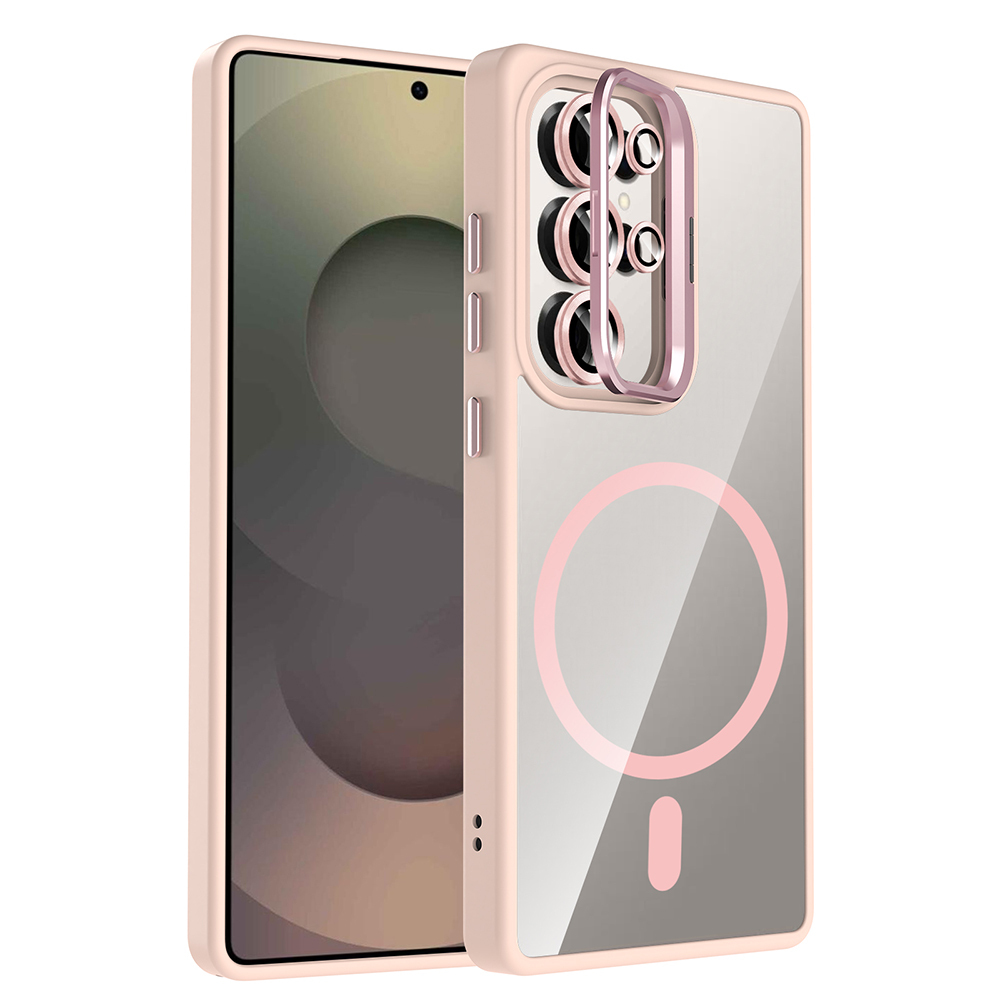 Galaxy S25 Ultra Kılıf Standlı ve Kamera Lens Hediyeli M-Safe Şarj Özellikli Zore Etro Kapak - Pembe