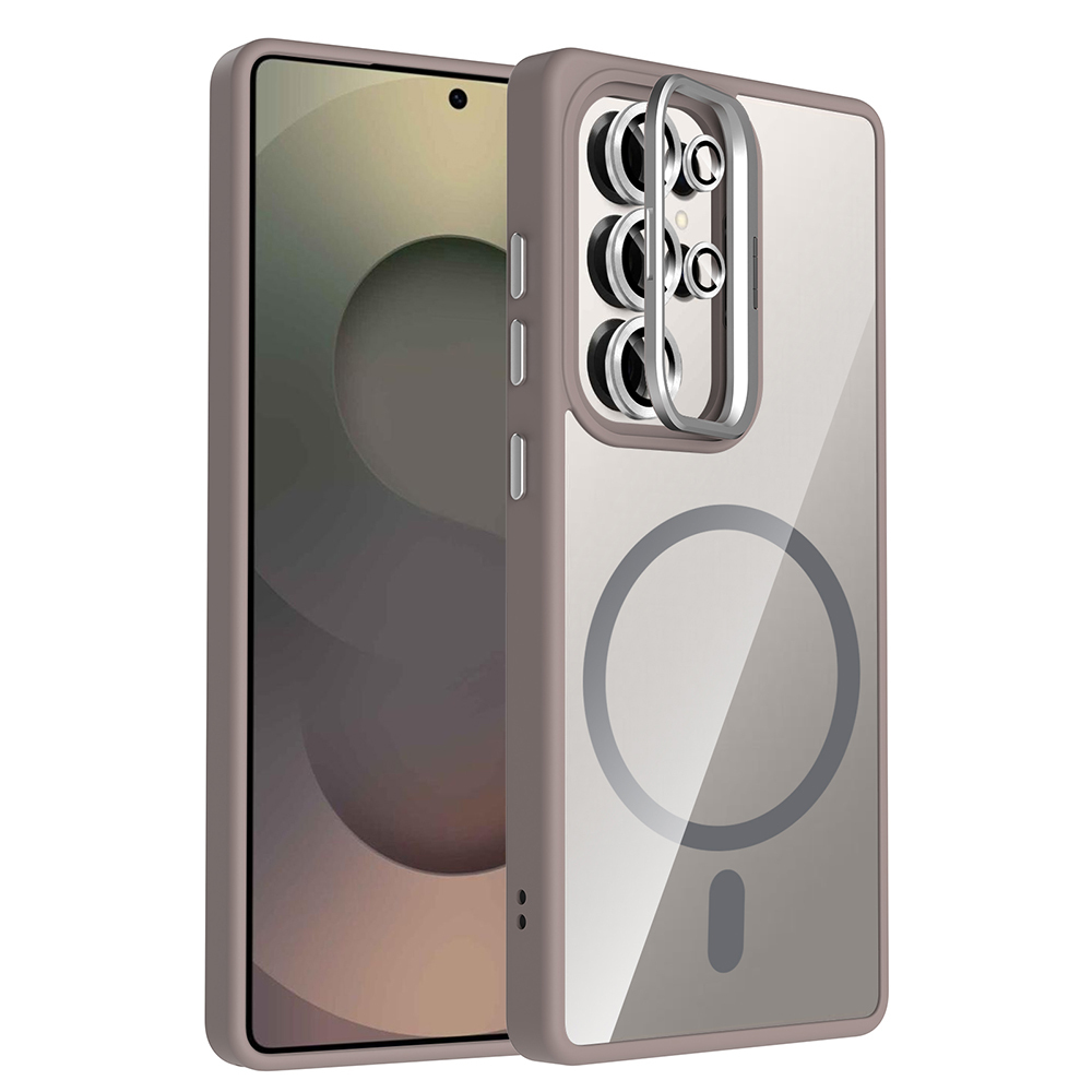 Galaxy S25 Ultra Kılıf Standlı ve Kamera Lens Hediyeli M-Safe Şarj Özellikli Zore Etro Kapak - Gri