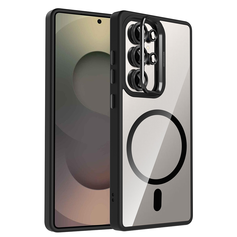 Galaxy S25 Ultra Kılıf Standlı ve Kamera Lens Hediyeli M-Safe Şarj Özellikli Zore Etro Kapak - Siyah