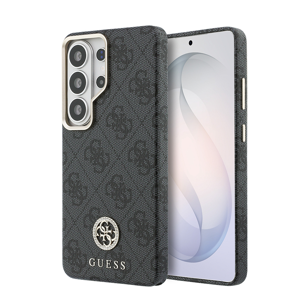 Galaxy S26 Ultra Kılıf Guess Orjinal Lisanslı M-safe Şarj Özellikli Gold Metal Kamera Çerçeveli Taşlı 4G Logolu Kapak - Siyah