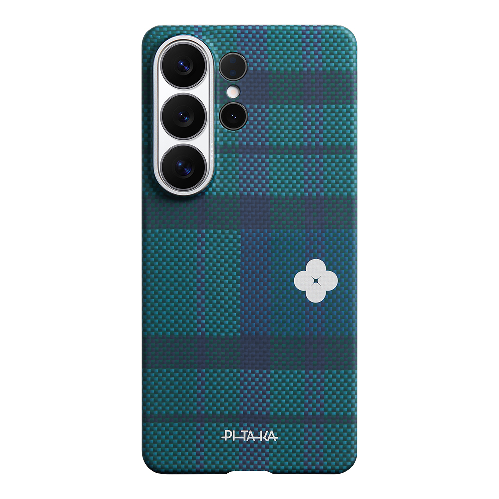 Galaxy S26 Ultra Kılıf M-safe Şarj Özellikli Aramid Fiber Pitaka Flora in Grid Serisi Kapak - Mavi