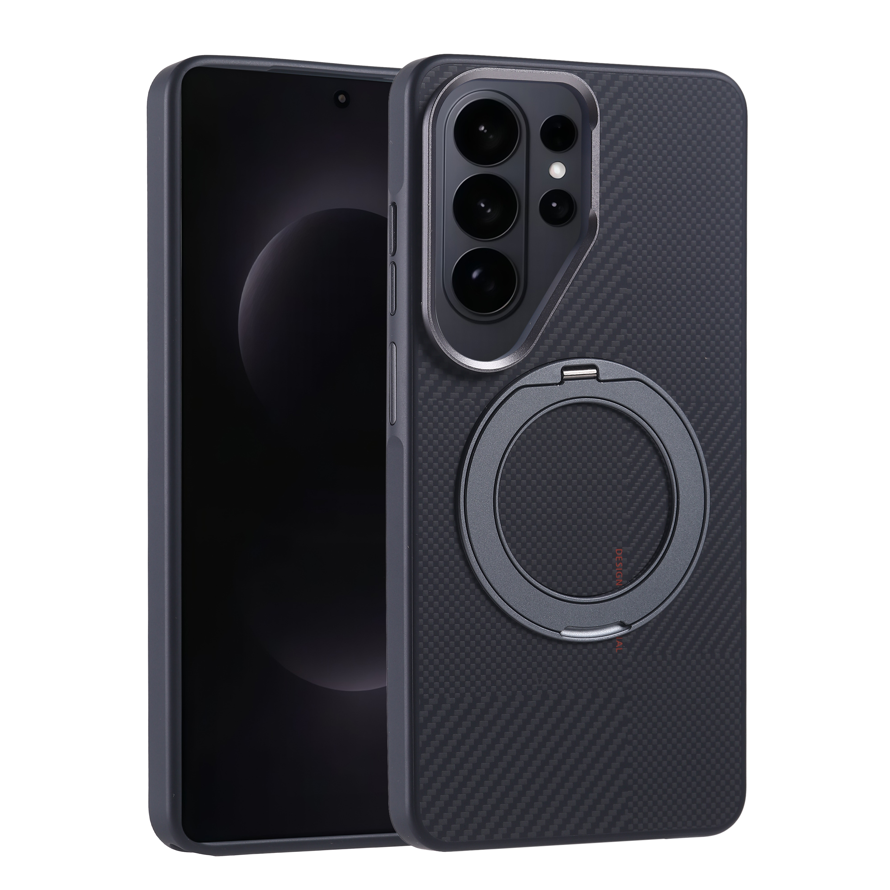 Galaxy S26 Ultra Kılıf M-safe Şarj Özellikli Karbon Fiber Görünümlü Zore Standlı Troy Kapak - Siyah