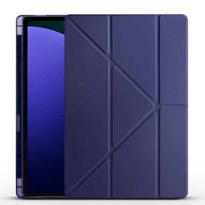 Galaxy Tab S9 Ultra Kılıf Zore Tri Folding Kalem Bölmeli Standlı Kılıf Lacivert