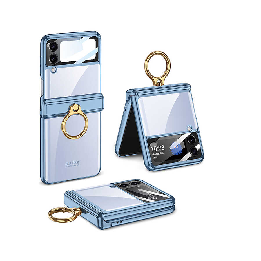 Galaxy Z Flip 4 Kılıf Zore Kıpta Yüzüklü Lens Korumalı Kapak - Mavi