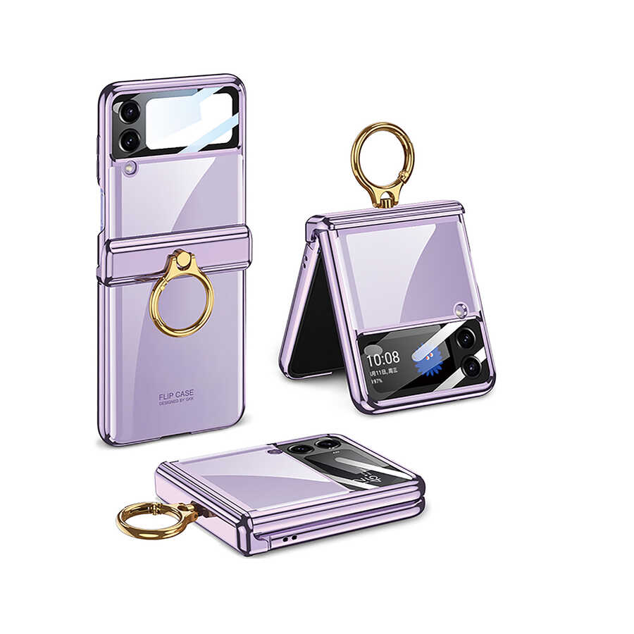 Galaxy Z Flip 4 Kılıf Zore Kıpta Yüzüklü Lens Korumalı Kapak - Lila