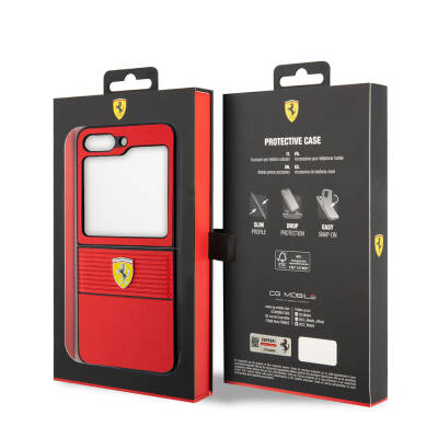 Galaxy Z Flip 5 Kılıf Ferrari Orjinal Lisanslı PU Deri Metal Logolu Multi Çizgili Kapak - 8