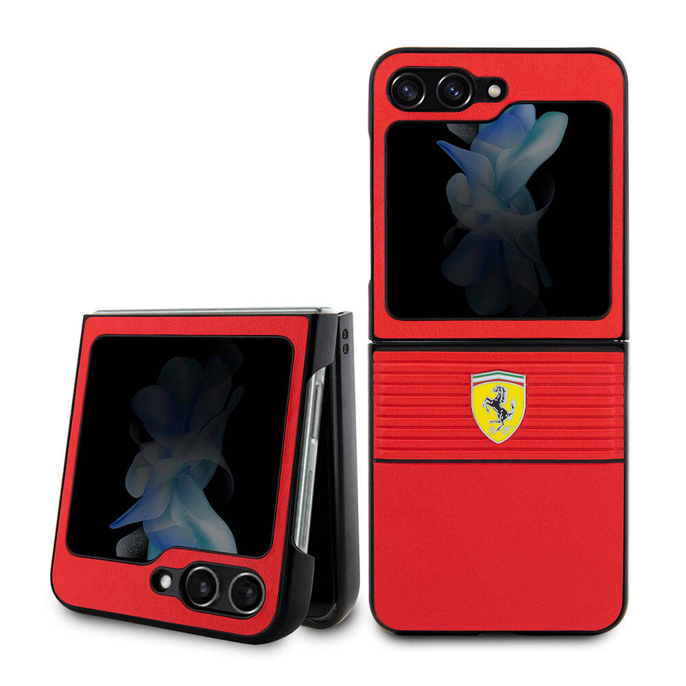 Galaxy Z Flip 5 Kılıf Ferrari Orjinal Lisanslı PU Deri Metal Logolu Multi Çizgili Kapak - Kırmızı
