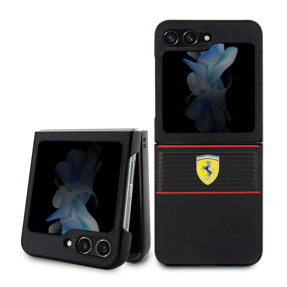 Galaxy Z Flip 5 Kılıf Ferrari Orjinal Lisanslı PU Deri Metal Logolu Multi Çizgili Kapak - Siyah