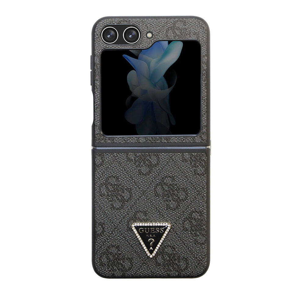 Galaxy Z Flip 5 Kılıf Guess Orjinal Lisanslı PU Deri Taşlı Üçgen Logo 4G Desenli Strass Kapak - Siyah
