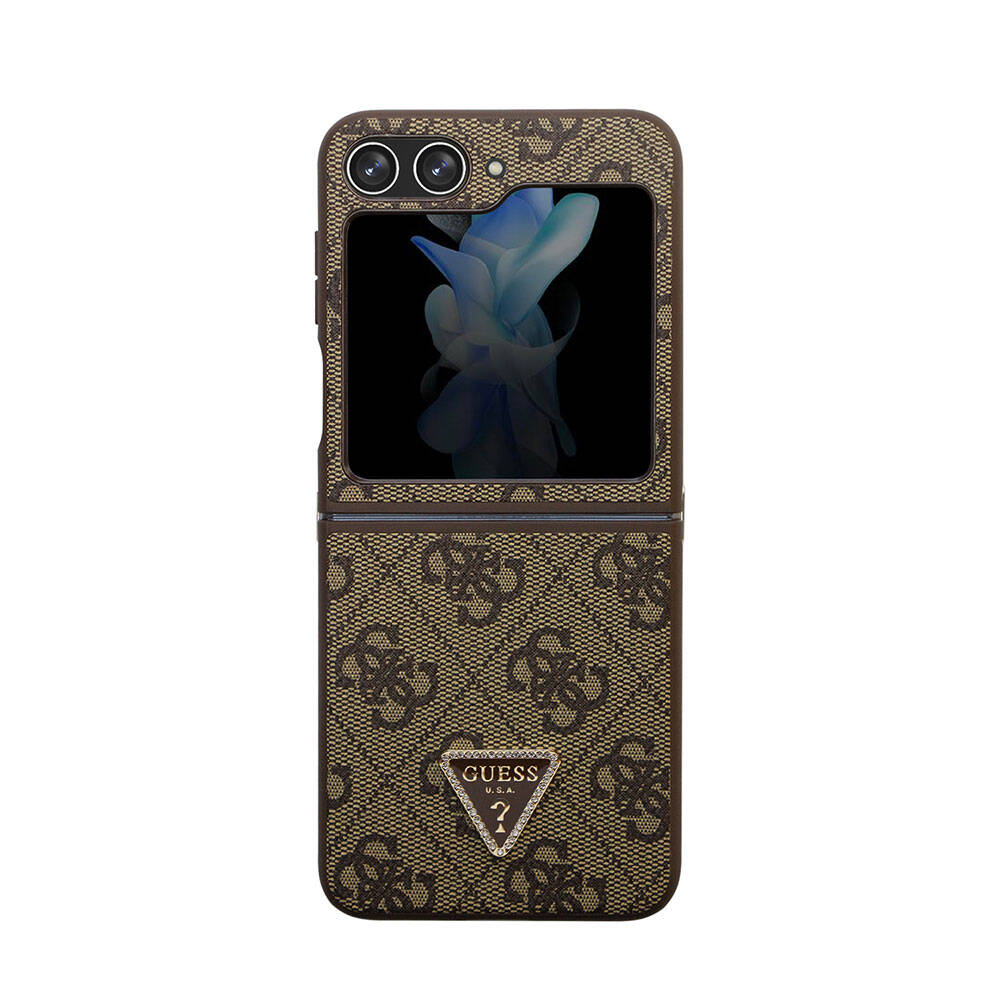 Galaxy Z Flip 5 Kılıf Guess Orjinal Lisanslı PU Deri Taşlı Üçgen Logo 4G Desenli Strass Kapak - Kahverengi