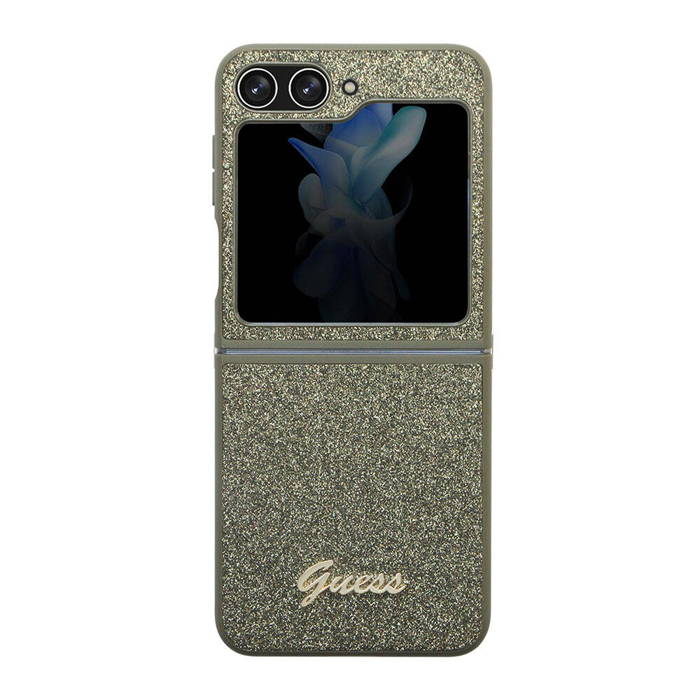 Galaxy Z Flip 5 Kılıf Guess Orjinal Lisanslı Yazı Logolu Glitter Flakes Kapak - Haki