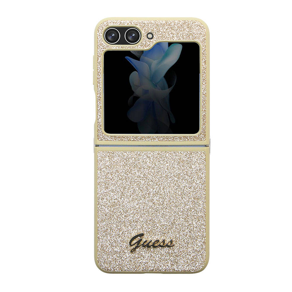 Galaxy Z Flip 5 Kılıf Guess Orjinal Lisanslı Yazı Logolu Glitter Script Kapak - Gold