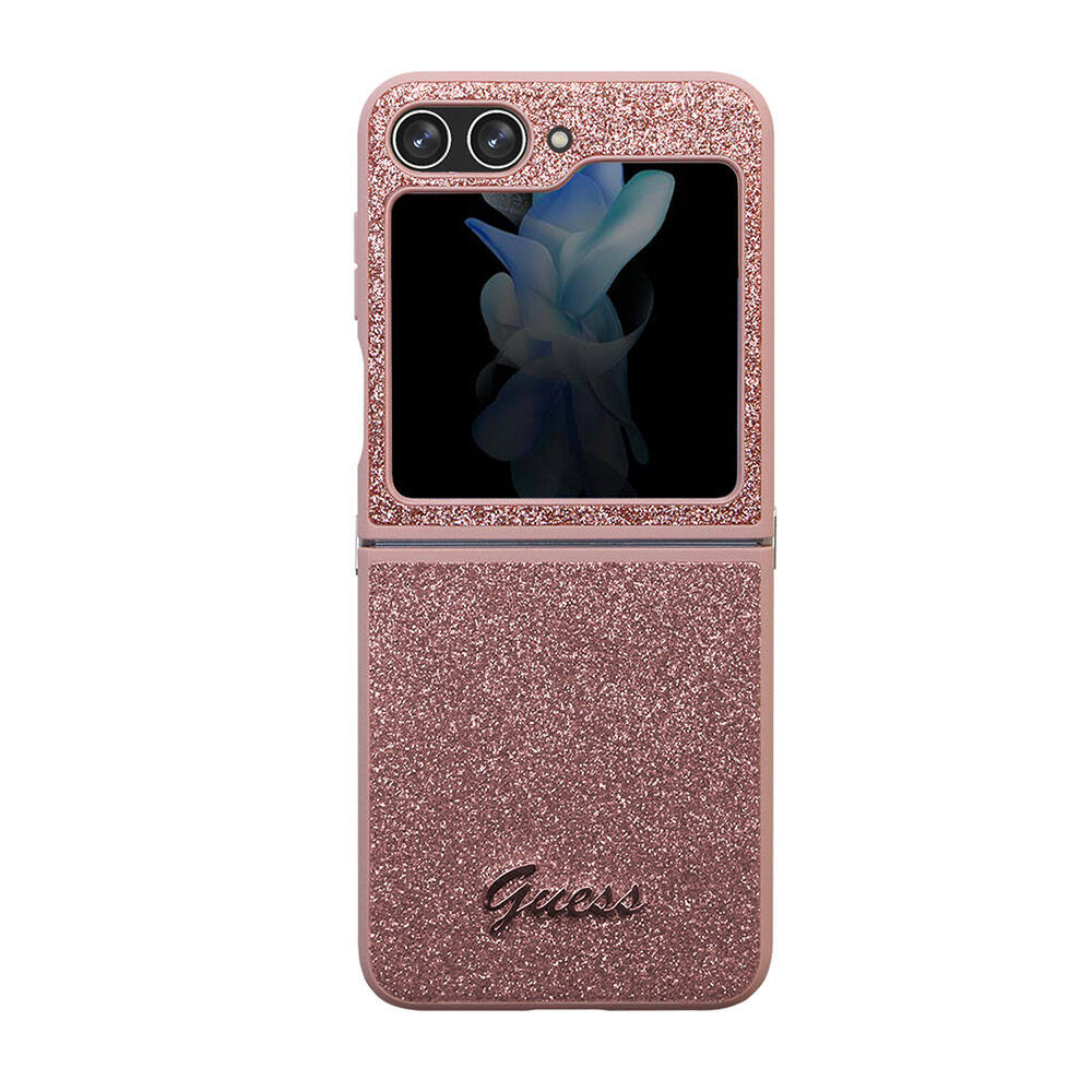 Galaxy Z Flip 5 Kılıf Guess Orjinal Lisanslı Yazı Logolu Glitter Script Kapak - Pembe