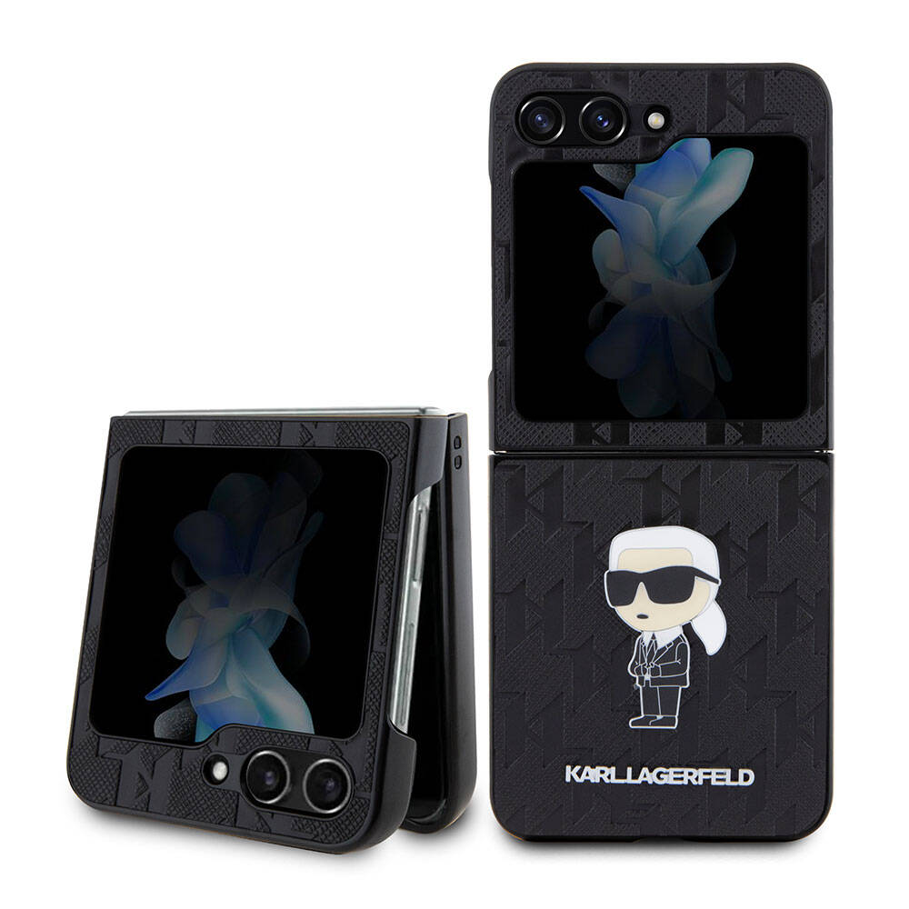Galaxy Z Flip 5 Kılıf Karl Lagerfeld Orjinal Lisanslı KL Desenli Karl İkonik Saffiano Kapak - Siyah
