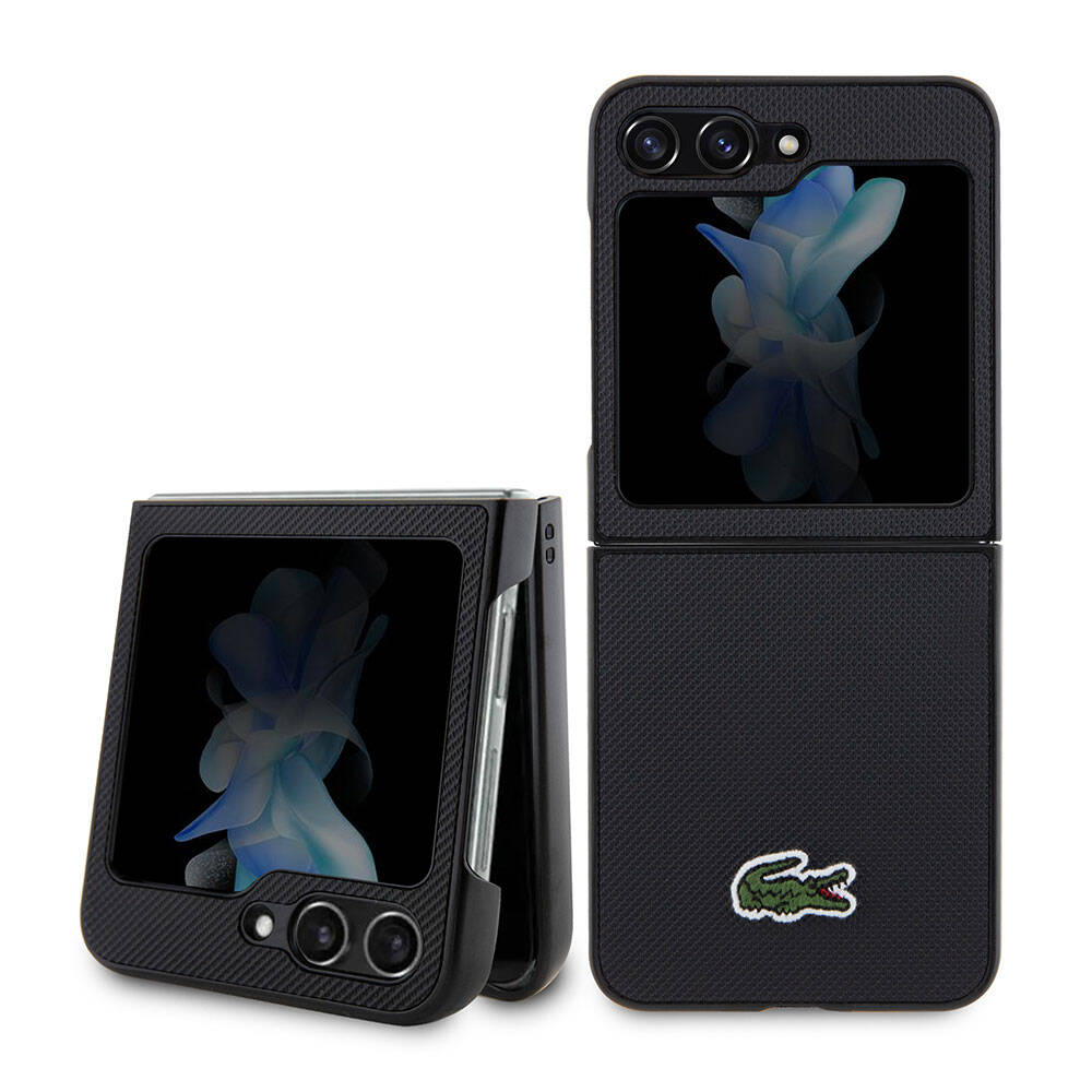 Galaxy Z Flip 5 Kılıf Lacoste Orjinal Lisanslı PU Pike Desenli Arka Yüzey İkonik Timsah Dokuma Logolu Kapak - Siyah
