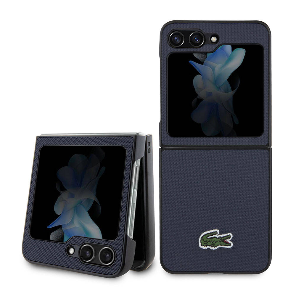 Galaxy Z Flip 5 Kılıf Lacoste Orjinal Lisanslı PU Pike Desenli Arka Yüzey İkonik Timsah Dokuma Logolu Kapak - Lacivert