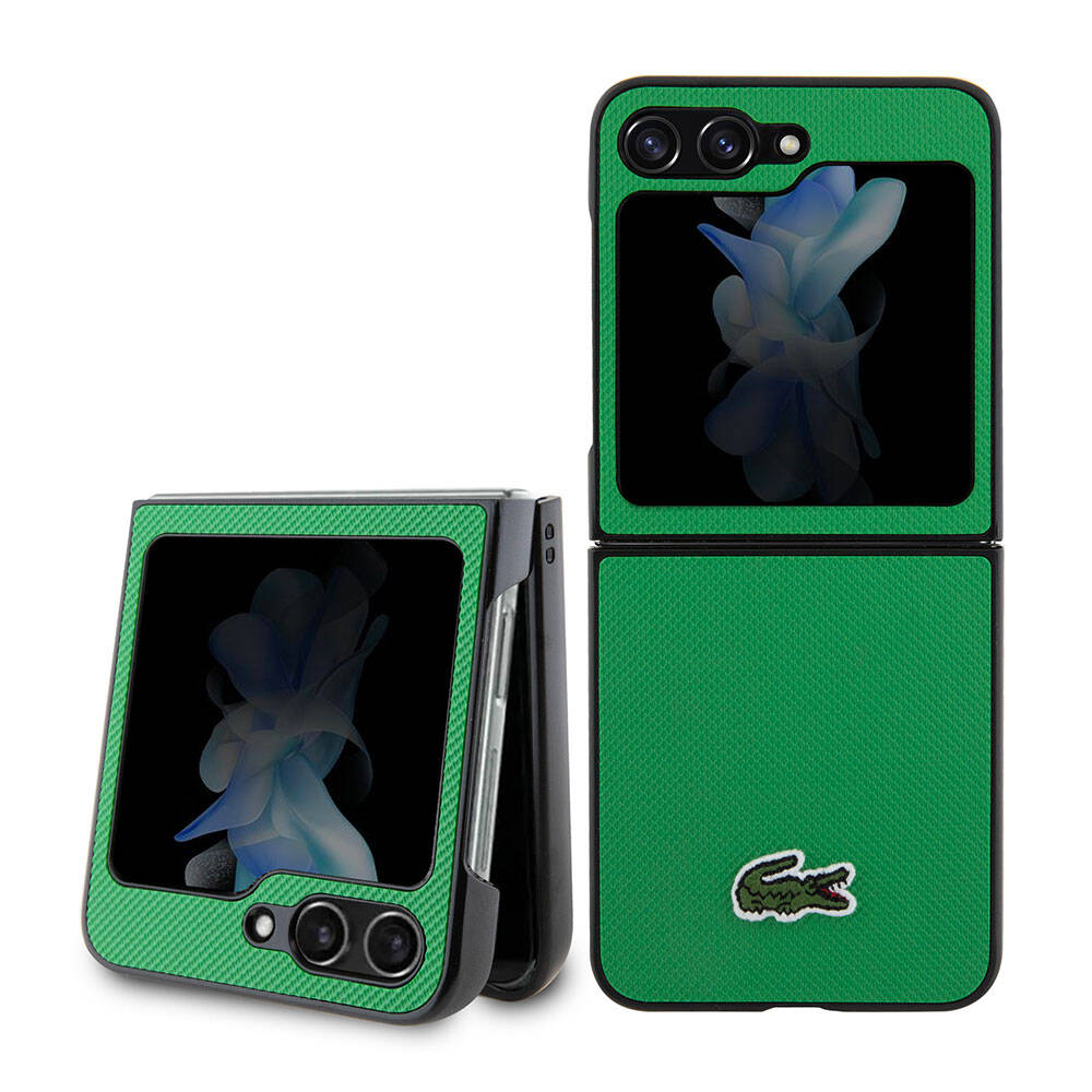 Galaxy Z Flip 5 Kılıf Lacoste Orjinal Lisanslı PU Pike Desenli Arka Yüzey İkonik Timsah Dokuma Logolu Kapak - Yeşil