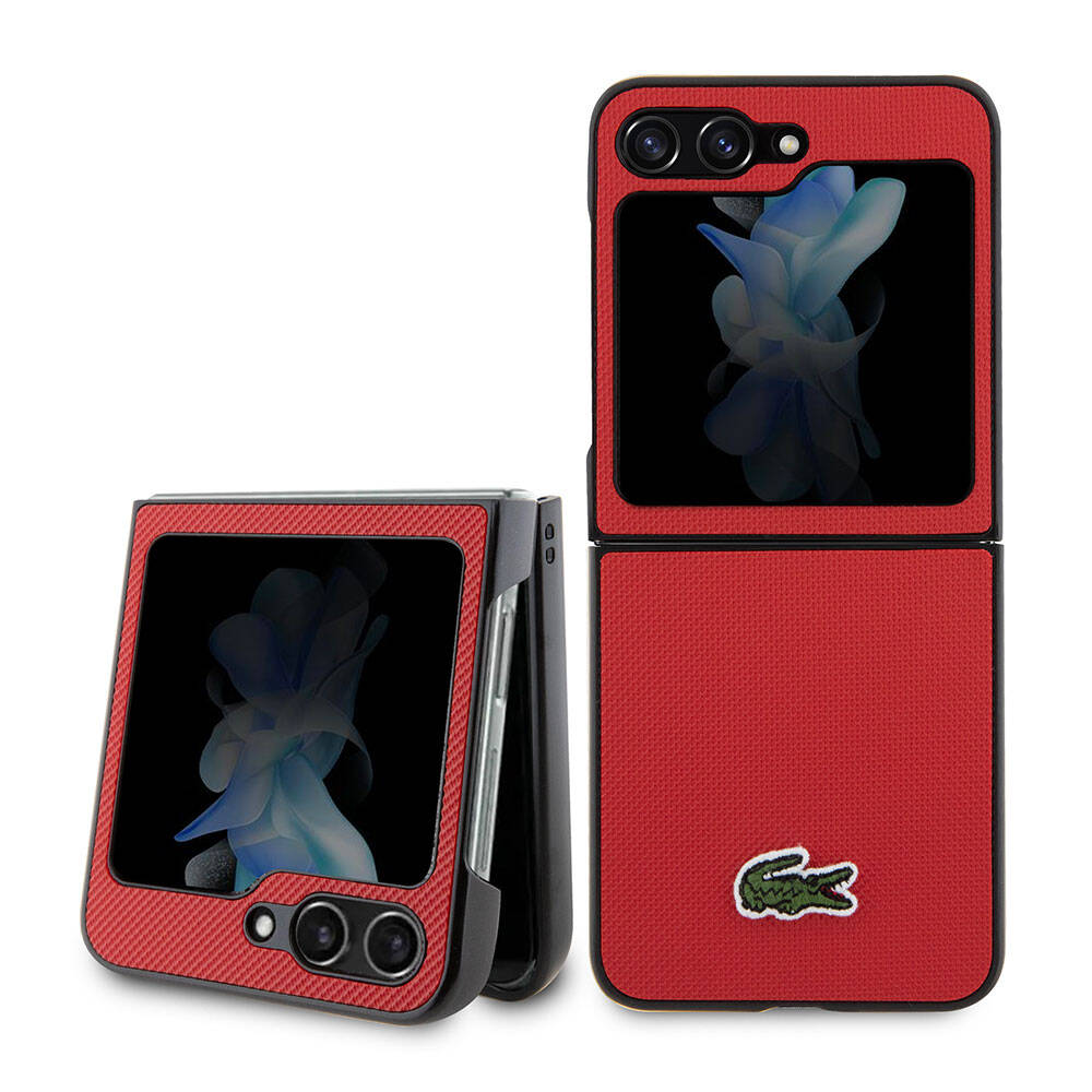 Galaxy Z Flip 5 Kılıf Lacoste Orjinal Lisanslı PU Pike Desenli Arka Yüzey İkonik Timsah Dokuma Logolu Kapak - Kırmızı