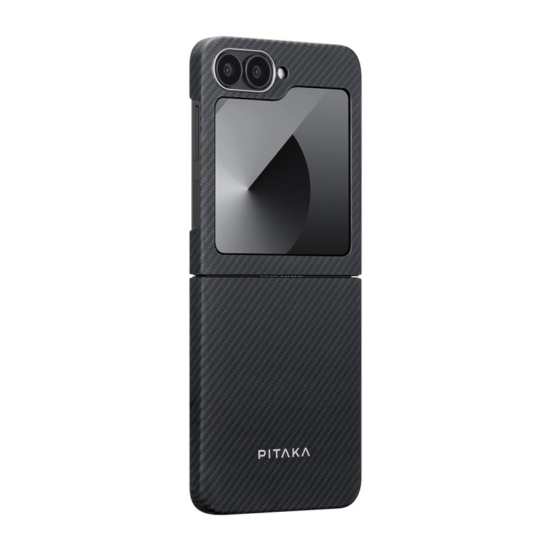 Galaxy Z Flip 6 Kılıf M-safe Şarj Özellikli 600D Aramid Karbon Fiber Pitaka Ultra-Slim Classic Serisi Black-Grey Twill Kapak - 3