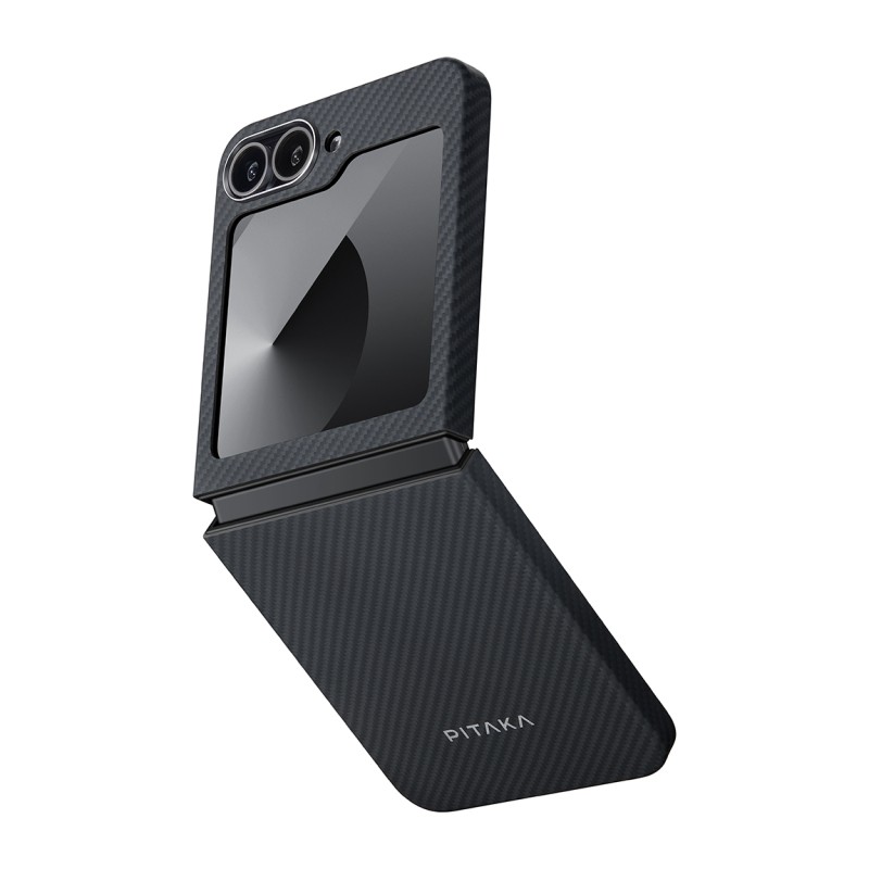 Galaxy Z Flip 6 Kılıf M-safe Şarj Özellikli 600D Aramid Karbon Fiber Pitaka Ultra-Slim Classic Serisi Black-Grey Twill Kapak - 2