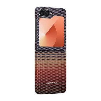Galaxy Z Flip 6 Kılıf M-safe Şarj Özellikli Aramid Karbon Fiber Pitaka Tactile Woven Sunset-Moonrise Serisi Sunset Kapak - 3