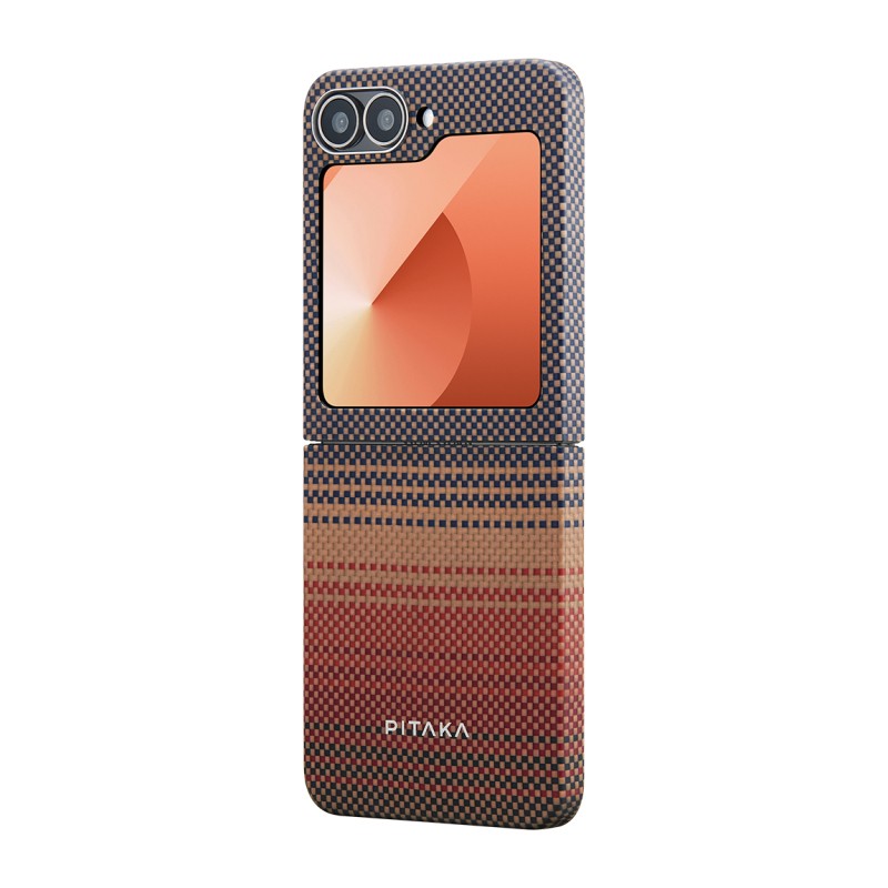 Galaxy Z Flip 6 Kılıf M-safe Şarj Özellikli Aramid Karbon Fiber Pitaka Tactile Woven Sunset-Moonrise Serisi Sunset Kapak - 5