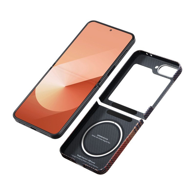 Galaxy Z Flip 6 Kılıf M-safe Şarj Özellikli Aramid Karbon Fiber Pitaka Tactile Woven Sunset-Moonrise Serisi Sunset Kapak - 10