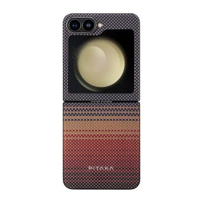 Galaxy Z Flip 6 Kılıf M-safe Şarj Özellikli Aramid Karbon Fiber Pitaka Tactile Woven Sunset-Moonrise Serisi Sunset Kapak - 12