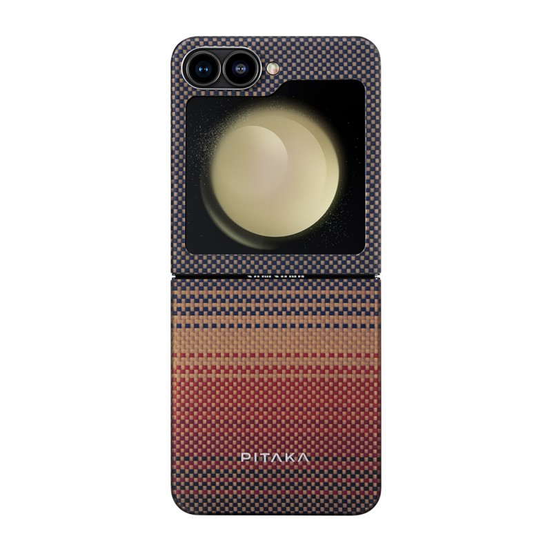 Galaxy Z Flip 6 Kılıf M-safe Şarj Özellikli Aramid Karbon Fiber Pitaka Tactile Woven Sunset-Moonrise Serisi Sunset Kapak - 12
