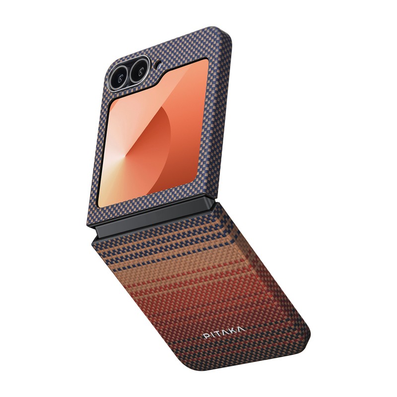 Galaxy Z Flip 6 Kılıf M-safe Şarj Özellikli Aramid Karbon Fiber Pitaka Tactile Woven Sunset-Moonrise Serisi Sunset Kapak - 2