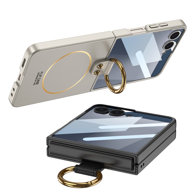 Galaxy Z Flip 7 Case M-safe Charging Feature Zore Kıpta Ring Flip Hard Cover - 11