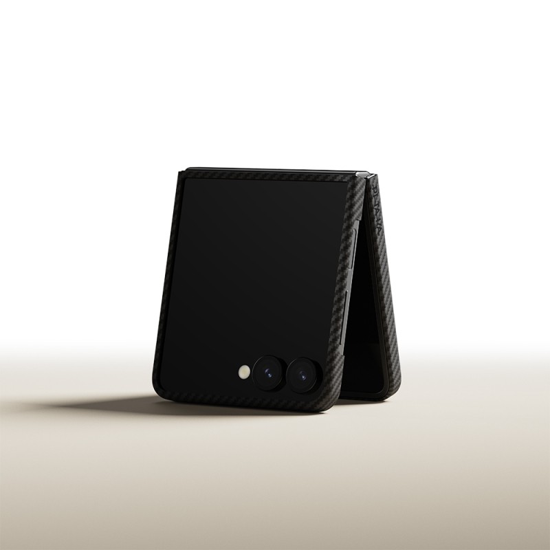 Galaxy Z Flip 7 Kılıf M-safe Şarj Özellikli 600D Aramid Karbon Fiber Pitaka Ultra-Slim Classic Serisi Black-Grey Twill Kapak - 7