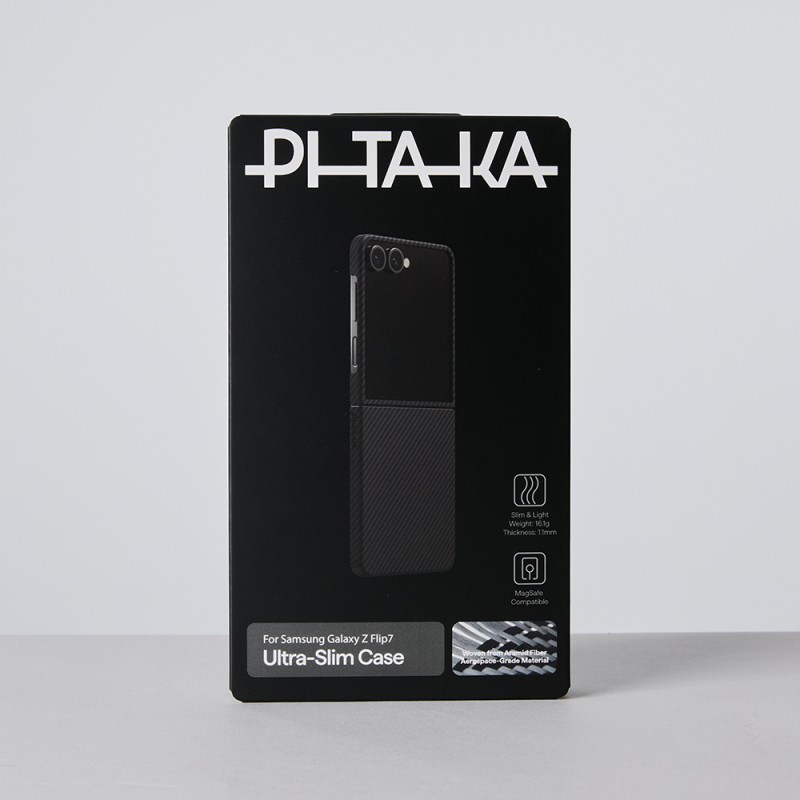 Galaxy Z Flip 7 Kılıf M-safe Şarj Özellikli 600D Aramid Karbon Fiber Pitaka Ultra-Slim Classic Serisi Black-Grey Twill Kapak - 12