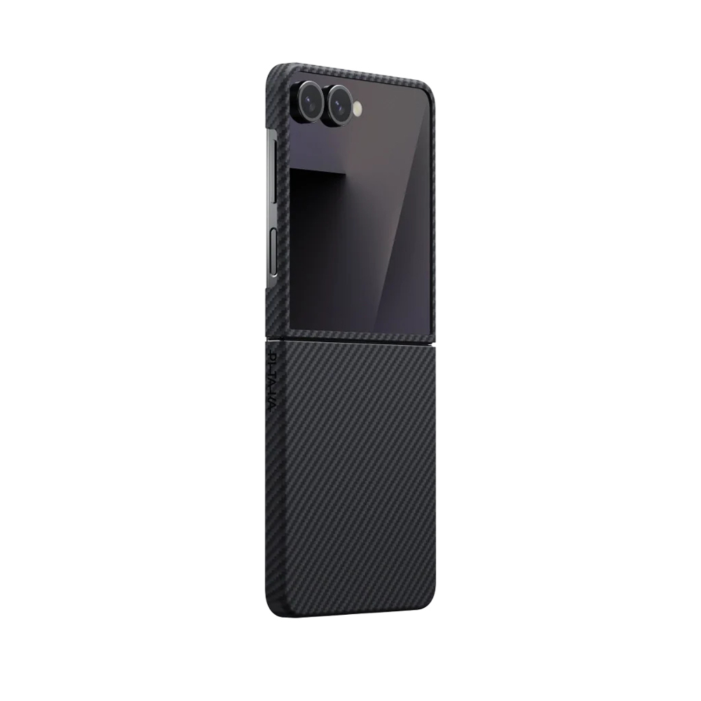 Galaxy Z Flip 7 Kılıf M-safe Şarj Özellikli 600D Aramid Karbon Fiber Pitaka Ultra-Slim Classic Serisi Black-Grey Twill Kapak - Siyah-Gri