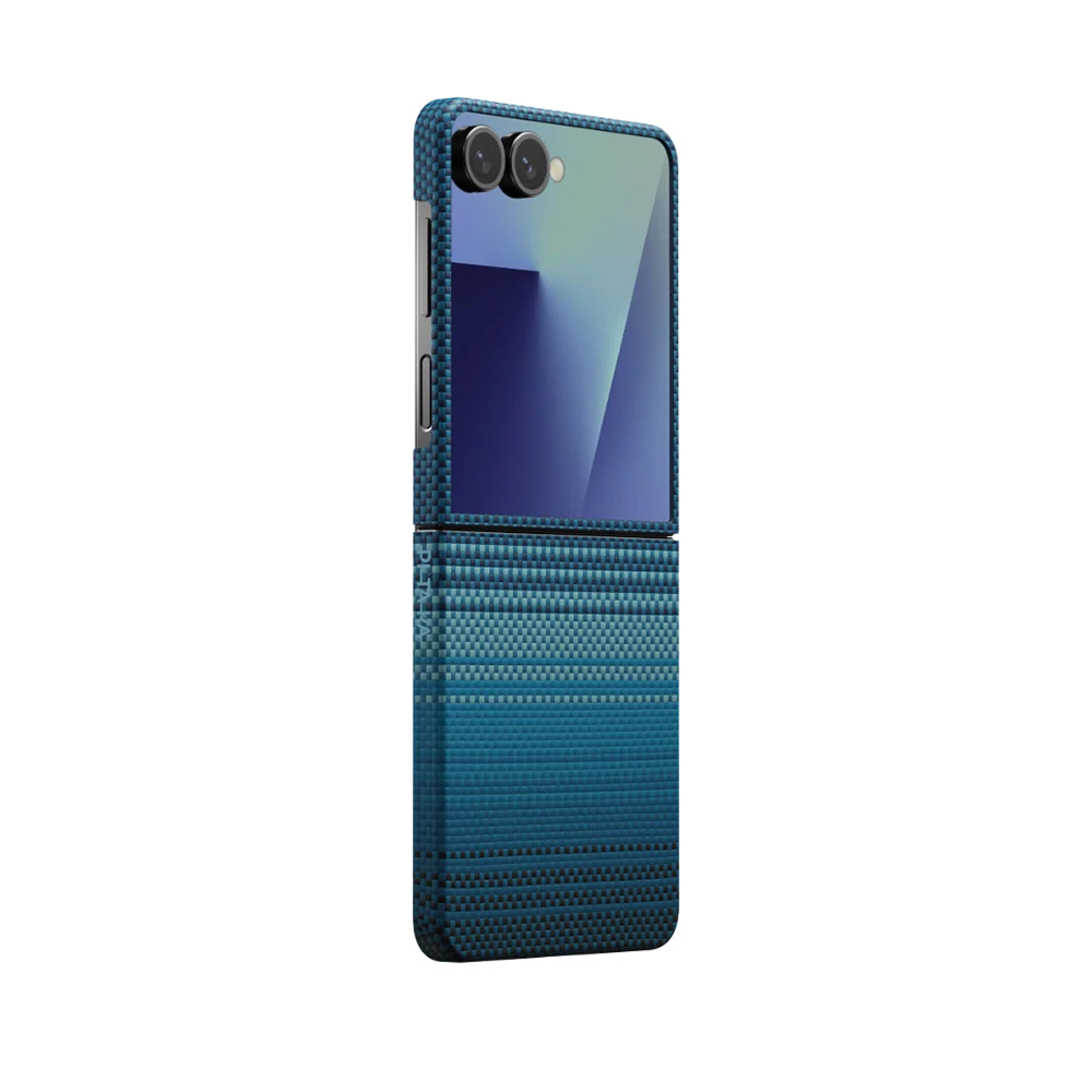 Galaxy Z Flip 7 Kılıf M-safe Şarj Özellikli Aramid Karbon Fiber Pitaka Tactile Woven Sunset-Moonrise Serisi Kapak