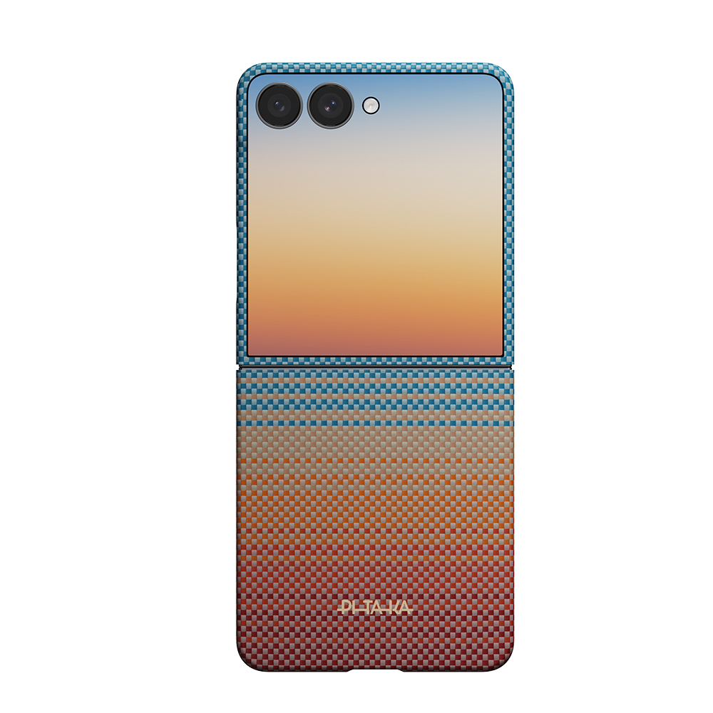 Galaxy Z Flip 8 Kılıf M-safe Şarj Özellikli Aramid Karbon Fiber Pitaka Sunset 2.0 California Dream Serisi Kapak - Mavi-Kahverengi
