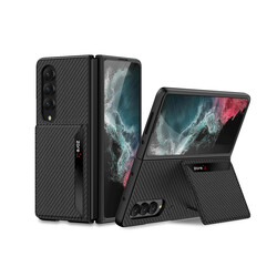 Galaxy Z Fold 4 Kılıf Karbonfiber Arka Yüzey Zore Kartlıklı Kıpta Silikon Kapak - GKK